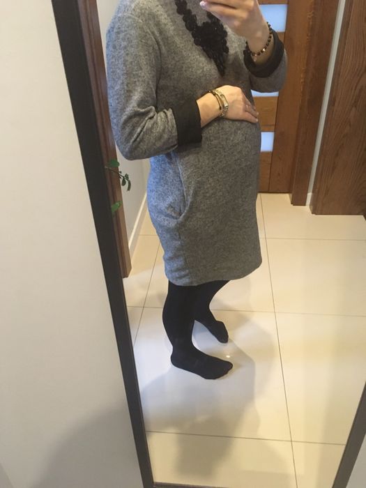 Szara sukienka S/M/L ciepla ciążowa z kieszeniami piękna wygodna