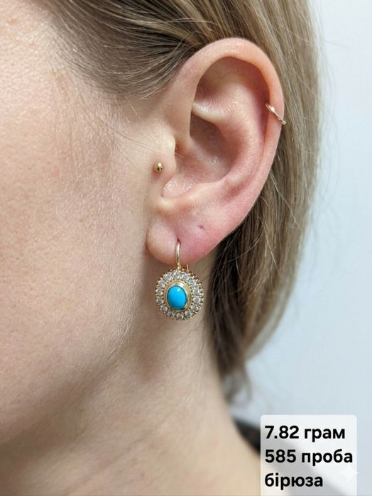Золотые серьги 585,583 проба,кварц,бирюза,янтарь