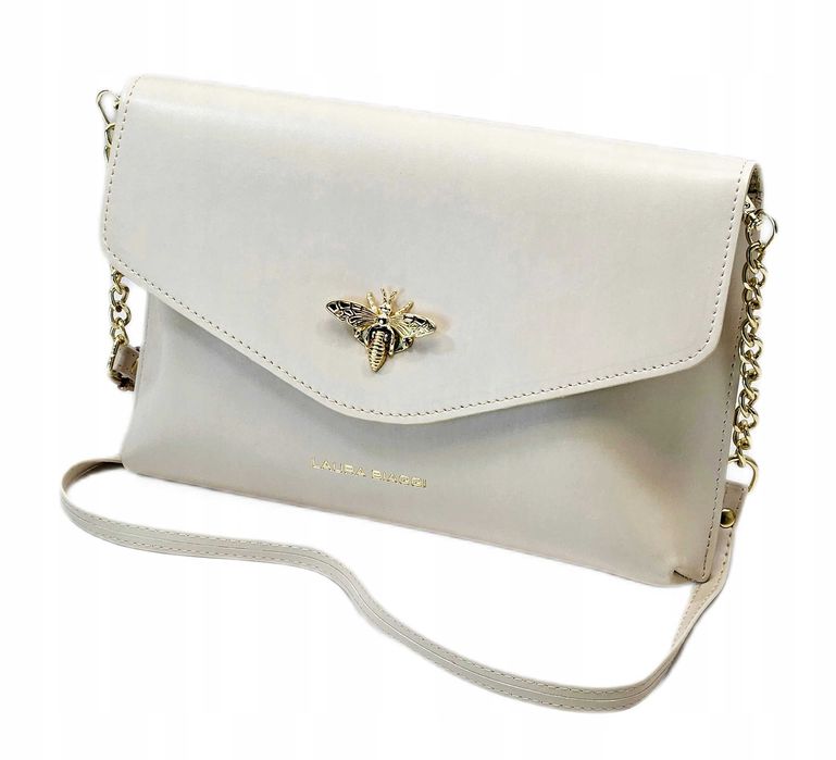 Laura Biaggi Efektowna Kopertówka Damska Wizytowa Skóra Beżowa Matowa