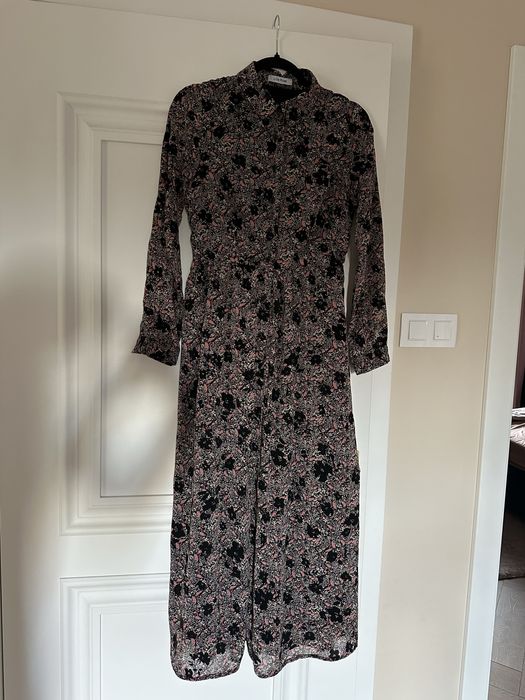 Sukienka dluga maxi kwiaty kwiatki dlugi rekaw koszulowa szyfonowa zapinana guziki vintage
