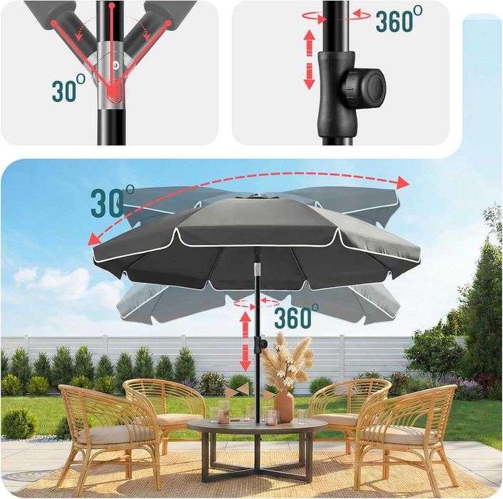Nowy parasol ogrodowy 2 m z regulacją – szary, UPF 50+