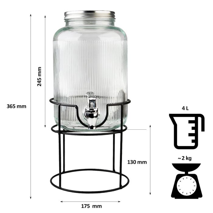 Słój szklany z kranikiem - 4 L - RYFLOWANY + stojak, na lemoniadę wodę