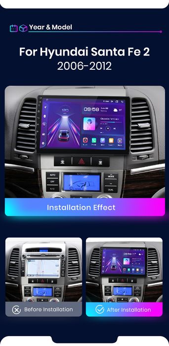 Rádio 9" android Hyundai Santa Fé 2006 a 2012 CARPLAY WIFI GPS 2/32GB
