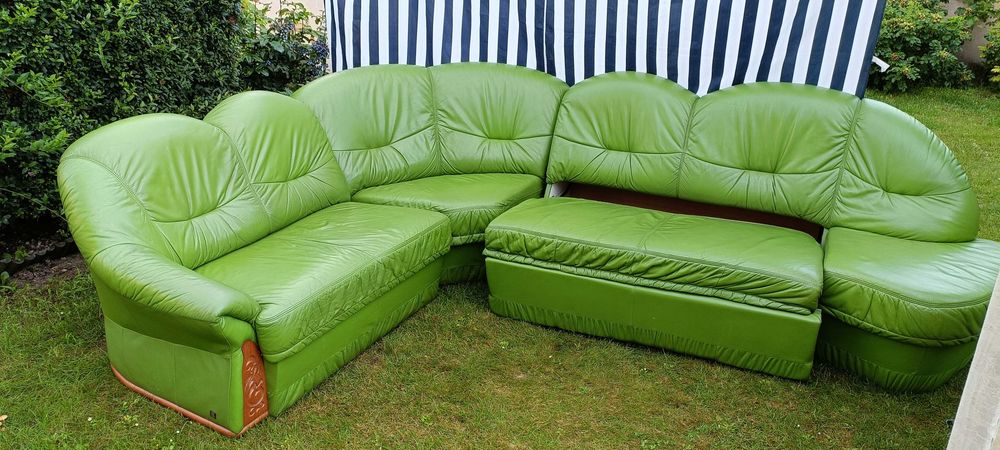 Narożnik skórzany Kler – zielony, 300x230, funkcja spania.