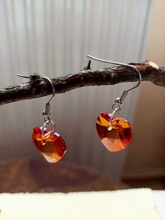 Handmade Kolczyki - Swarovski Serduszka Pomarańczowe