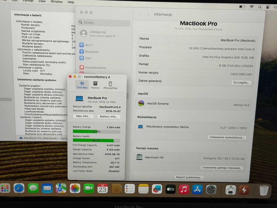 Apple MacBook Pro 13 2019 TouchBar - i5 8GB RAM / 128GB SSD - 87% Kondycji baterii - Gwarancja -