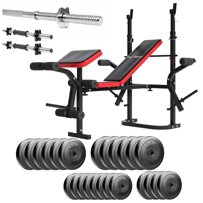 Ławka treningowa stojaki gryf obciążenie - zestaw kulturystyczny 142kg