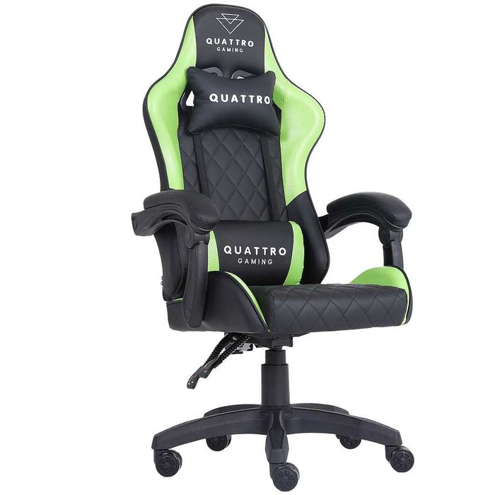 Fotel gamingowy Quattro Carbon – Wyrazista zieleń, wykończenie premium, wysuwany podnóżek i komfort klasy biznes do biura i domu.