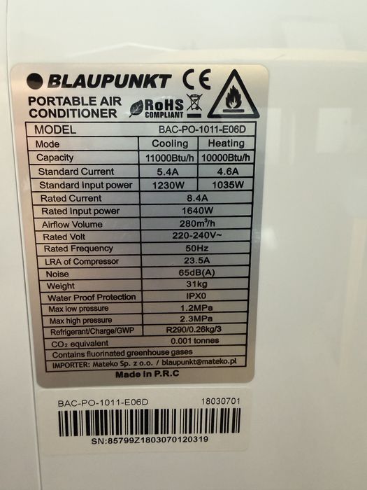 Klimatyzator przenośny Blaupunkt 11 000 BTU – chłodzenie + grzanie