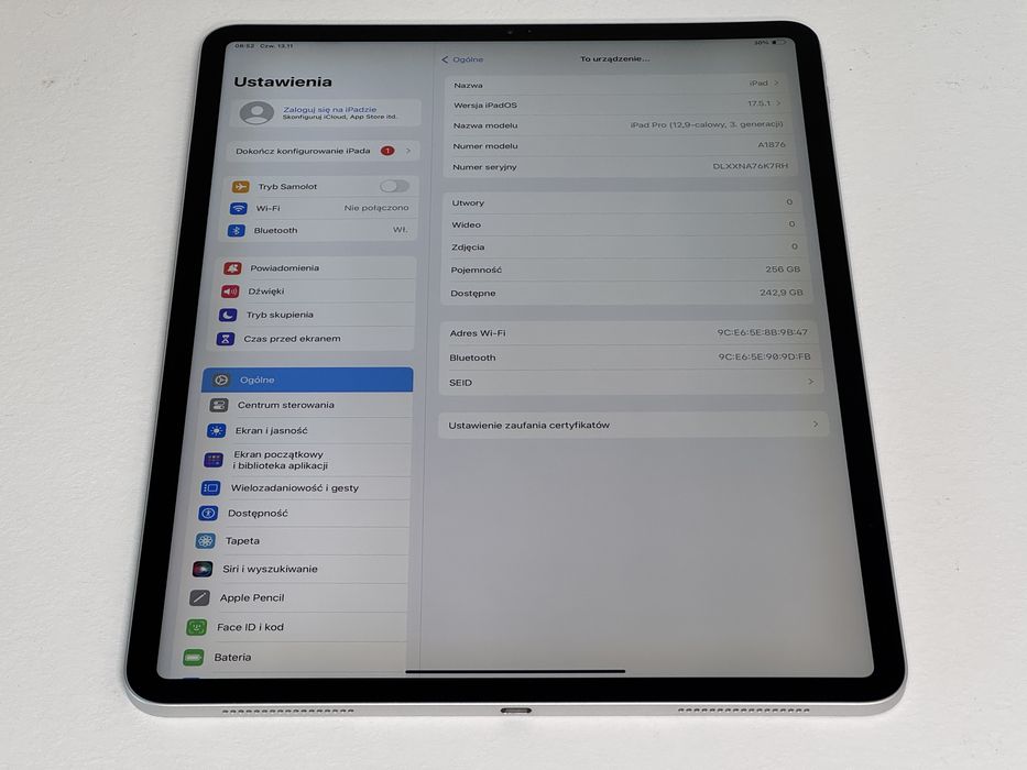 iPad Pro 12.9 3. gen. (A1876) - 256GB - faktura VAT 23%