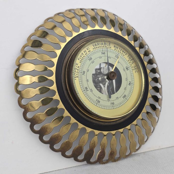 Zabytkowy Aneroidowy Barometr Mosiądz Vintage Retro Mid Century Sunburst