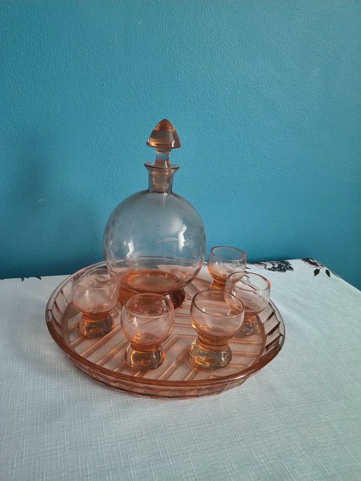 Stara karafka art deco Ząbkowice zestaw rozalinowy