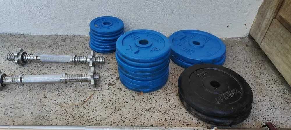 Kit Musculação Completo 46kg Anilhas + Barra Longa Reta + 2 Halteres