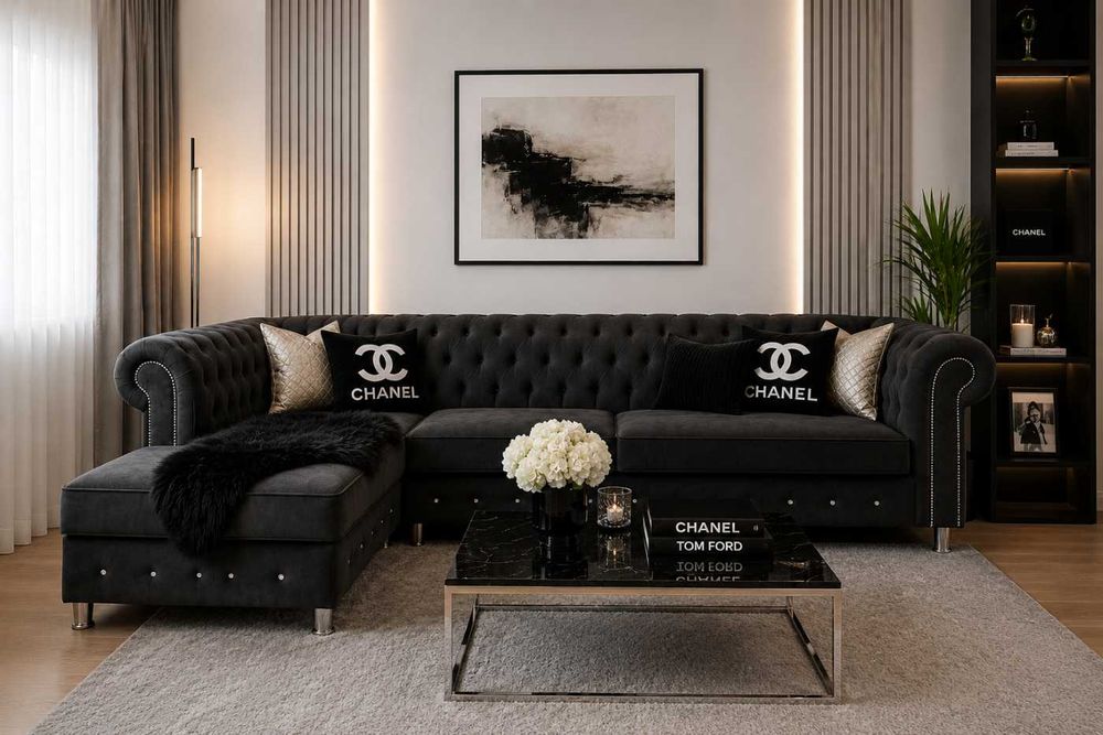 Narożnik kanapa narożna sofa  chesterfield elegancki do salonu z funkcją spania i pojemnikiem z kryształkami