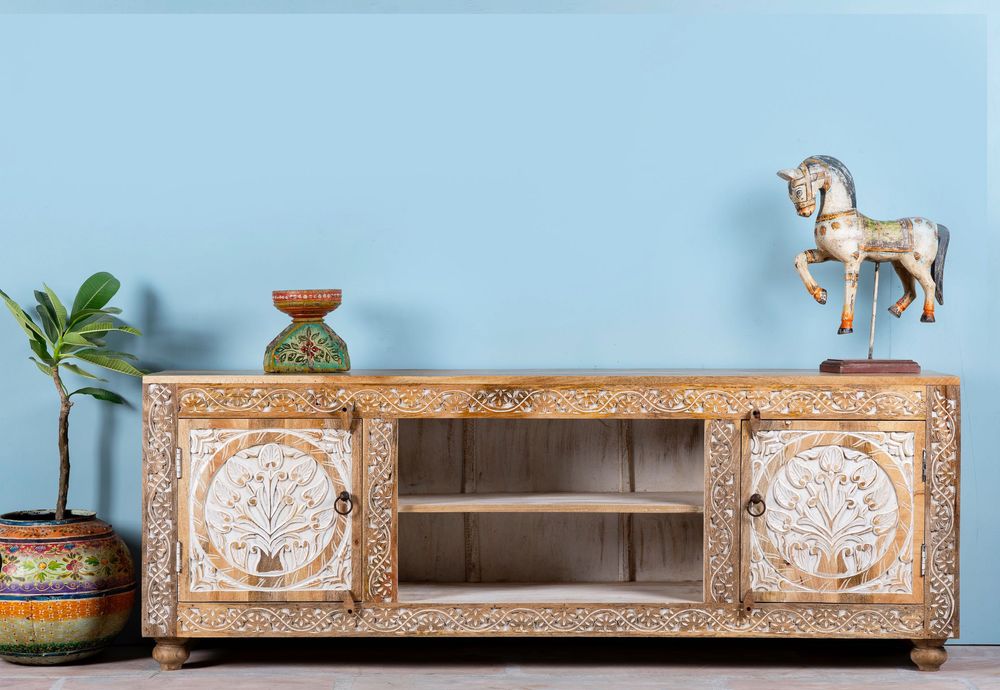 Szafka RTV 180 cm drewno mango bielona jasna boho komoda kolonialna