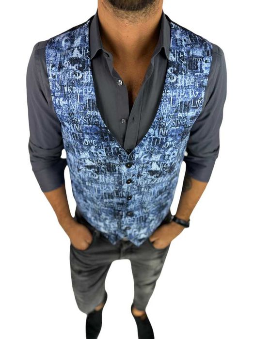 GIOVANNI PERA kamizelka męska D628 niebieska w napisy, efekt jeansu