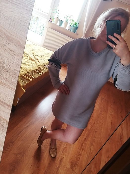 Bluza sukienka boho szara tunika L 40 M frędzle długa krótka rękawy