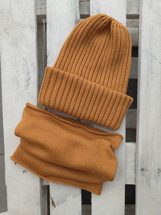 Zestaw na zimę na chłodną jesień czapka komin z merino ręczna robota