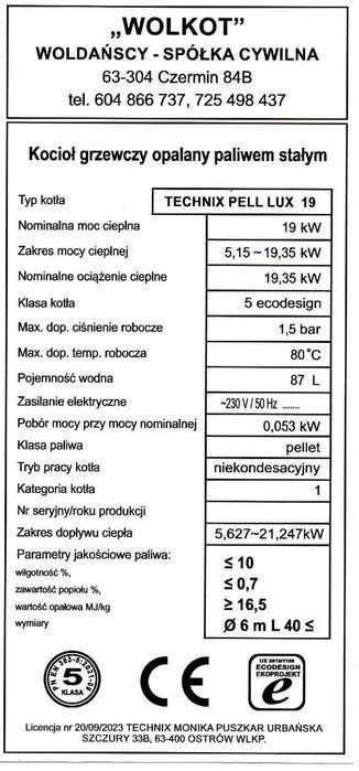 Kocioł piec 19kW pellet 5klasa WOLKOT dotacja kotły Technix