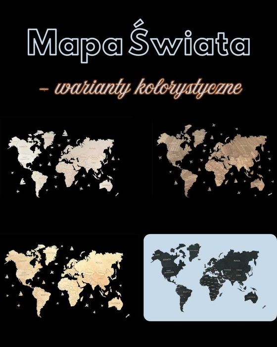 Nowa Drewniana Mapa Świata - Palisander (ciemny brąz, drewno) 105x63cm