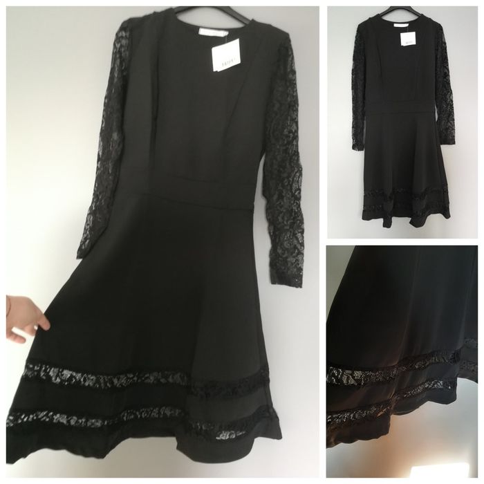 Czarna elegancka sukienka 36 s z koronką rękaw koronkowy