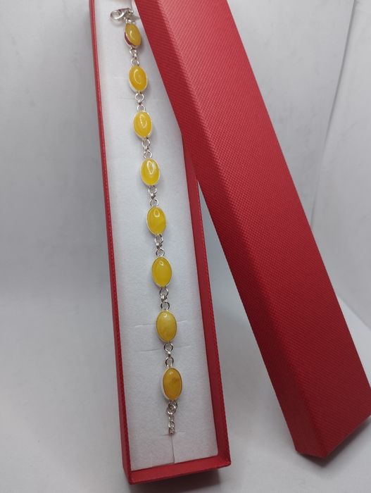 Srebrna bransoletka z mlecznym bursztynem, próba 925, długość 18-21 cm