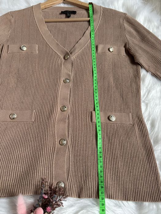 Sweter damski, prążkowany kardigan jasny brąz, wiskoza, poliamid 38, M