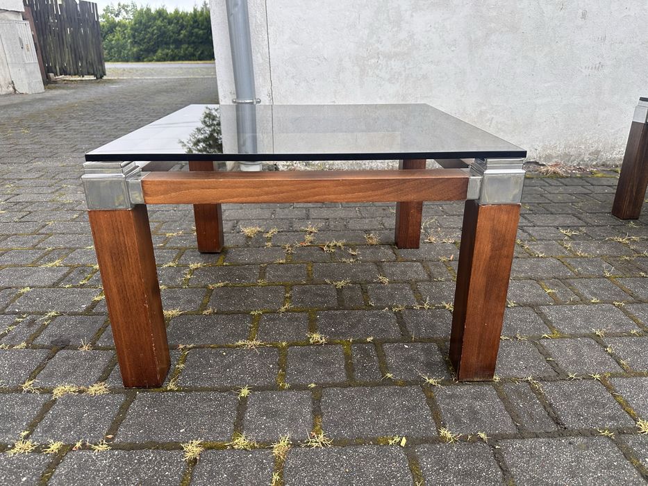 Stolik kawowy ze szklanym blatem mid century w stylu Pierre Vandel