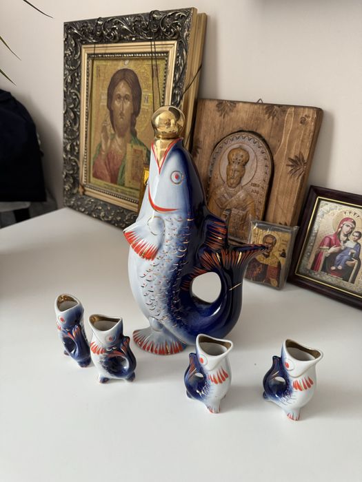 Набор рыбок кувшин с рюмками позолота для напитков СССР