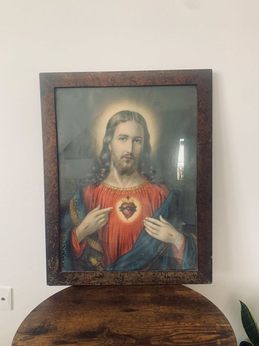 Piękny stary obraz religijny Jezus serce Jezusa antyk