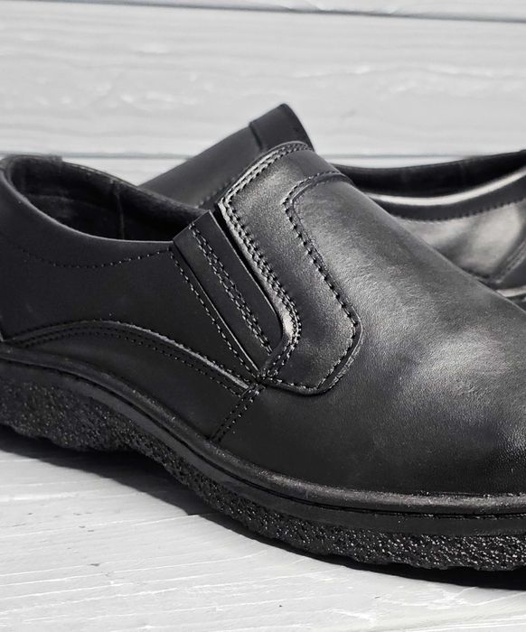 39-48р! Кожаные мужские прошитые черные туфли на резинке / без шнурков