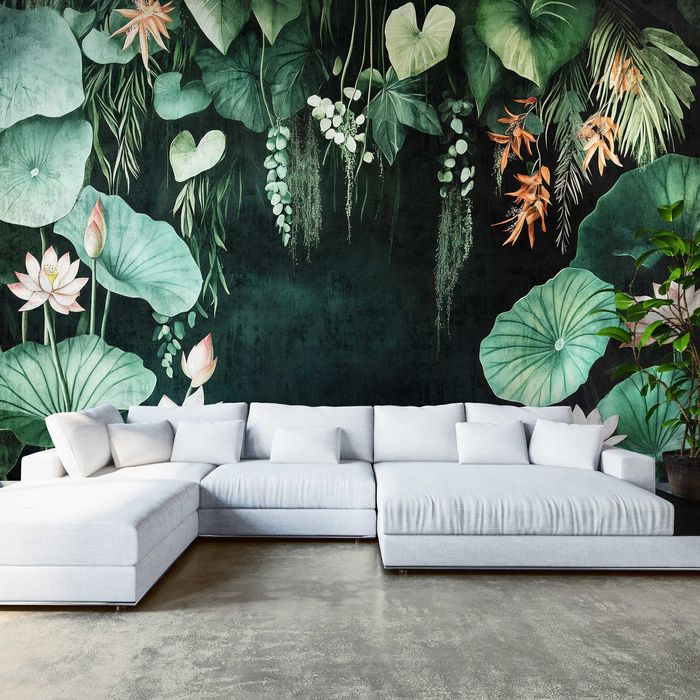 Fototapeta Ciemna Zieleń Kwiaty Liście Woda Dżungla Tropiki 3D + KLEJ