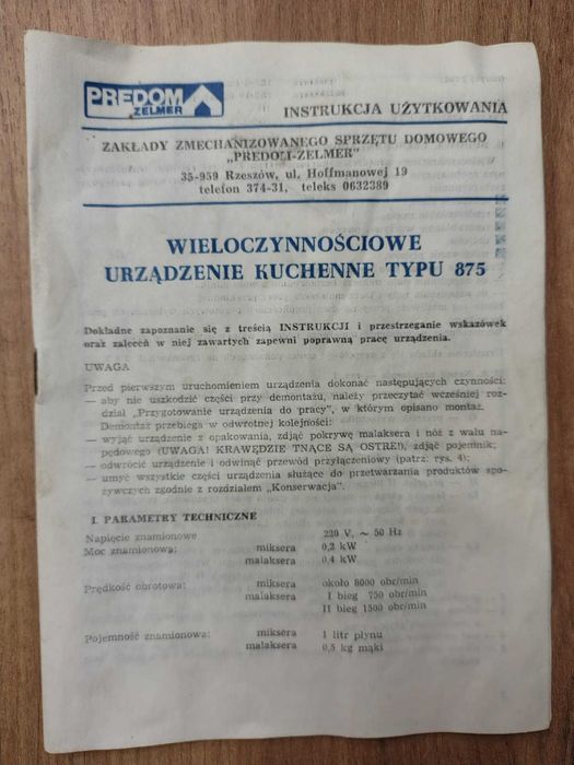 Robot Kuchenny PRL Zelmer typ. 875 Nowy Pudełko Instrukcja Karta Gwar