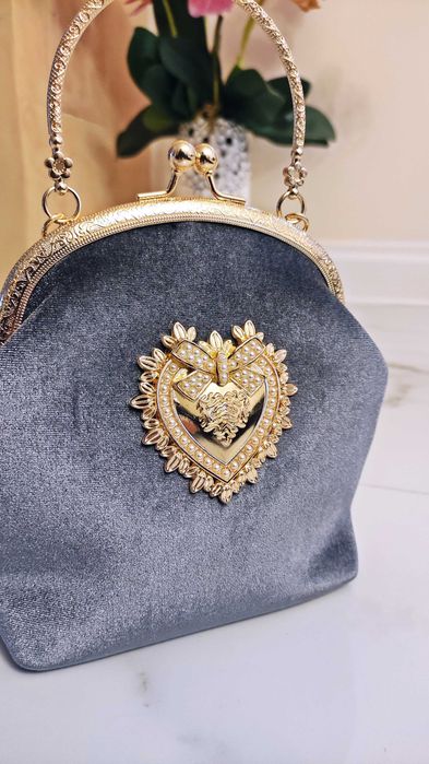 Elegancka torebka damska szara welur retro na bigiel. UNIKAT. PREMIUM.