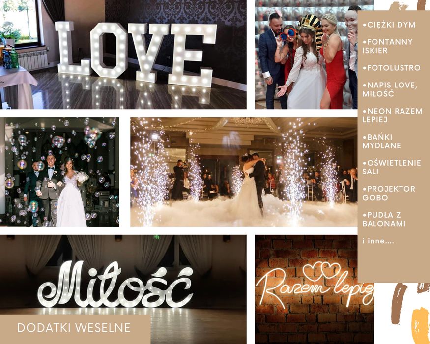 Fotobudka dym napis led miny dymne Bańki, Iskry, Dj, gwiaździste niebo