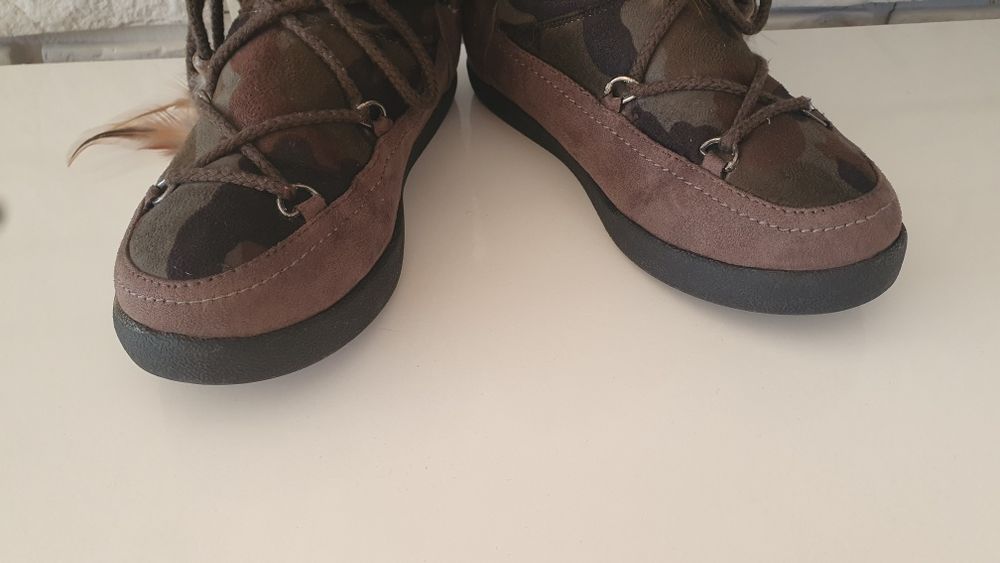 Damskie botki/śniegowce/Eskimoski khaki/moro piórka/koraliki 36