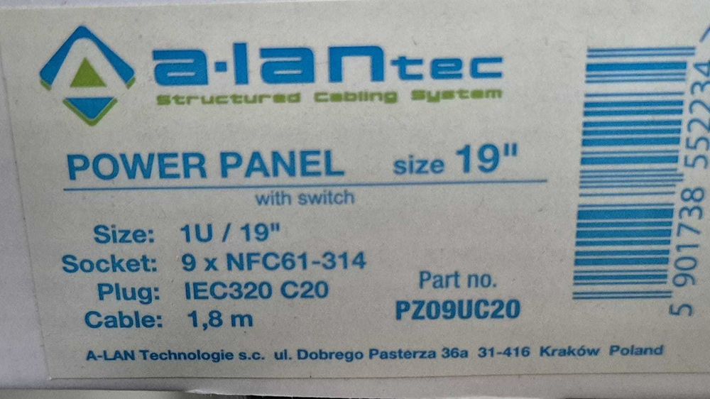 Listwa zasilająca 9 gniazd rack 19" 1U wtyk C14 ALANTEC PZ09U