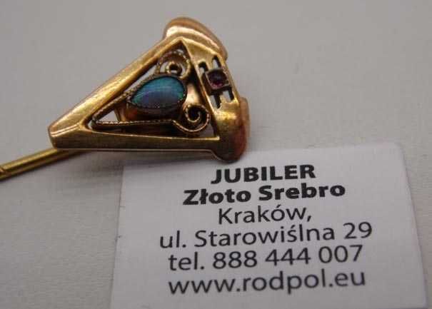 Antyczna szpila szpilka broszka naturalny opal  i rubinowy kamień.