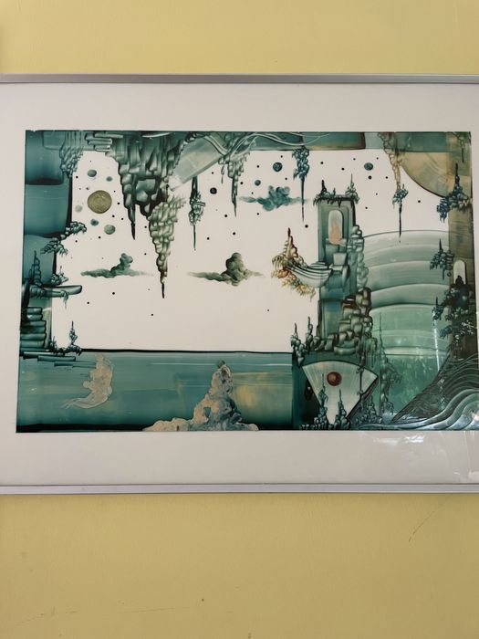 Quadro pintura acrilica com moldura em aluminio, com 76cm de largura e 56cm de altura.