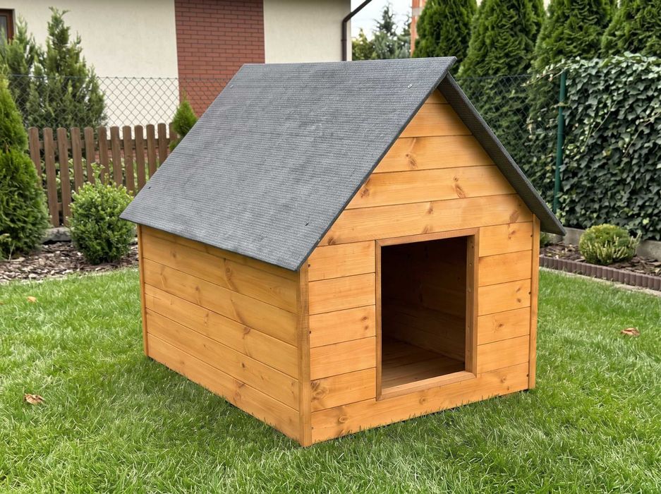PRODUKCJA NOWA Buda Dla Dużego PSA Ocieplana Xxl 122x99x104 Cm Teak, Drewniana Z Dachem Z Papą I Kurtyną Wejściową Do Ogrodu
