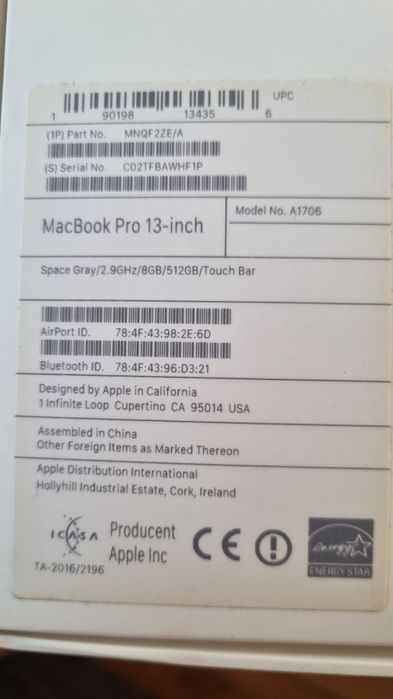 Macbook Pro 13 2016 Touchbar 512GB A1706 stan idealny