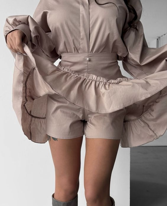 Жіночий Костюм сорочка + спідниця шорти бежевий