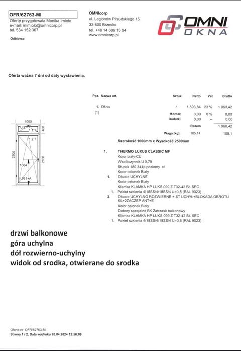 Drzwi/okno balkonowe