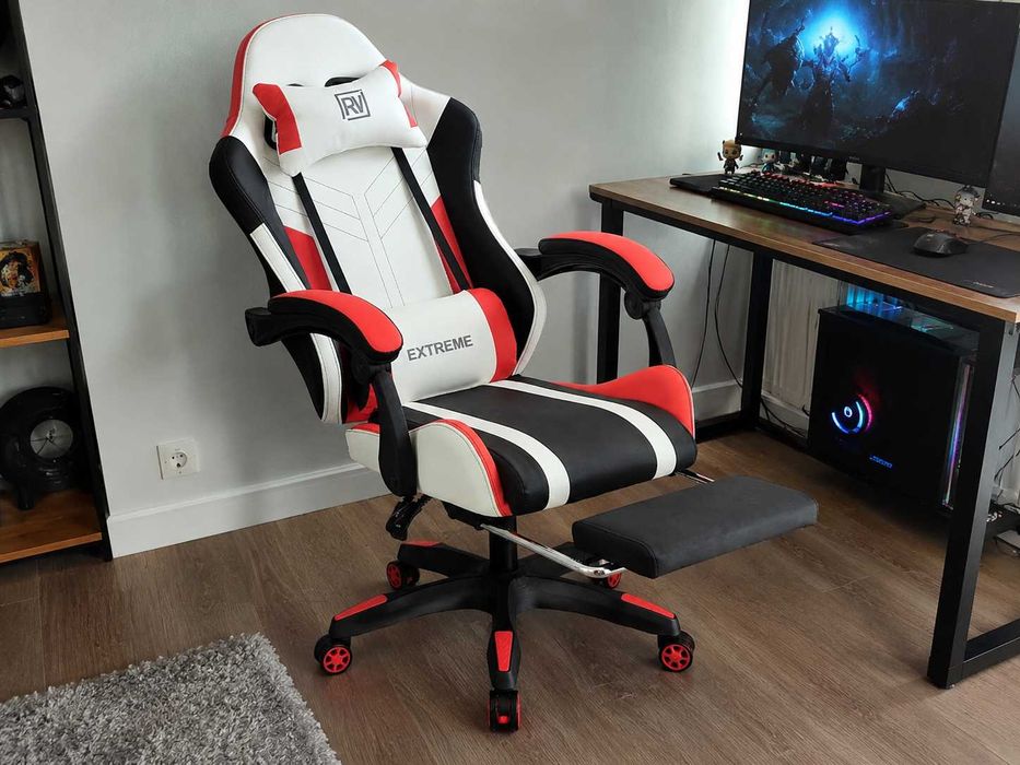 NOWY Fotel Gamingowy Fotel Biurowy Fotel Obrotowy z Podnóżkiem Regulowanym Krzesło Gamingowe Ergonomiczny z Poduszką Lędźwiową Fotel Regulowany
