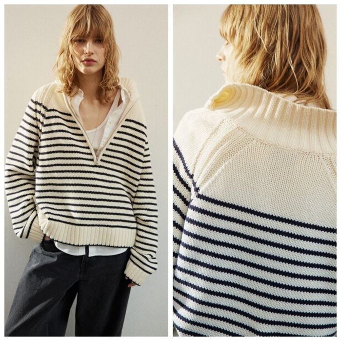 H&M XS-M naturalny bawełniany oversizowy luźny sweter paski bw