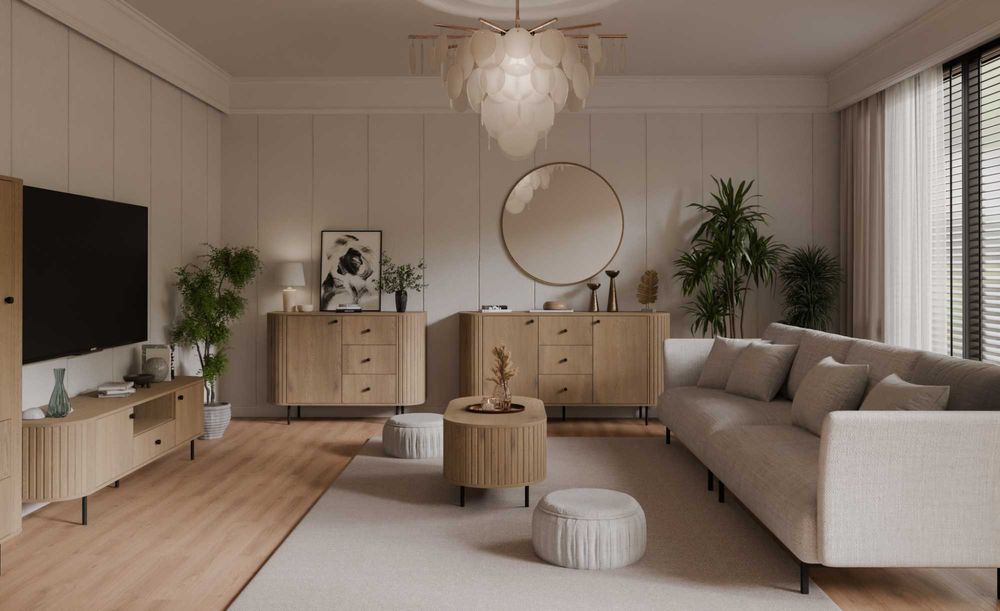 Komoda 123 cm beż piaskowy / dąb cremona . Szuflady/ półki