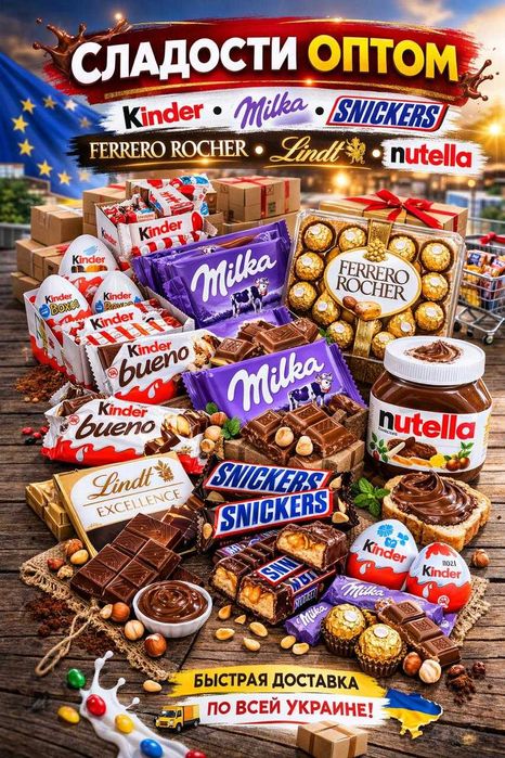 Сладости оптом, киндрер, милка. сникерс, ferrero rocher lindt, Nutella