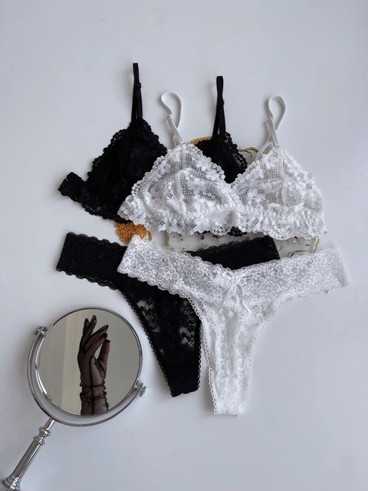 Мереживний комплект білизни білий чорний топ бра і стринги