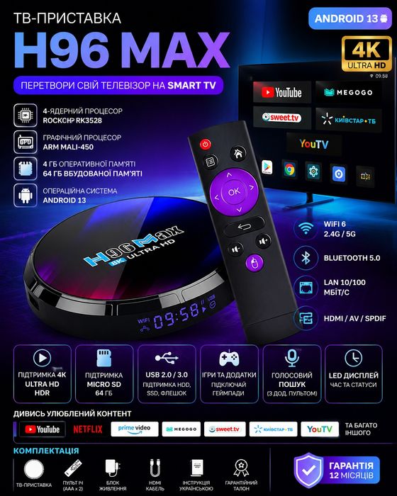 Smart TV Приставка H96 MAX 4/64 GB, Android 13 !!!
