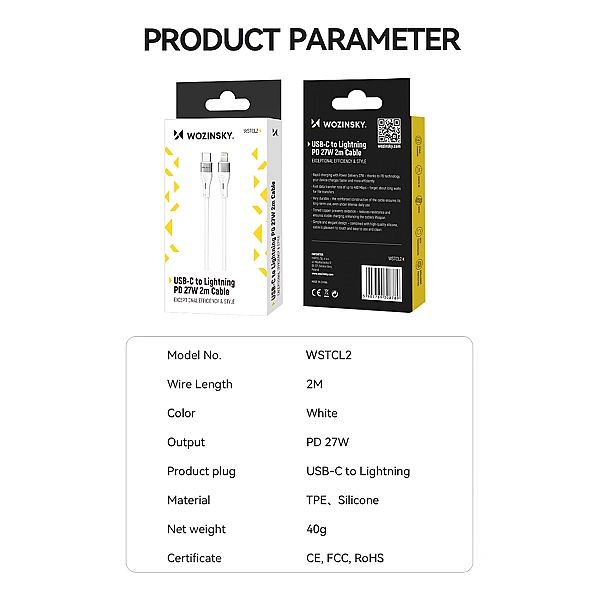 Kabel Wozinsky WSTCL2 Lightning / USB-C PD 27W 2 m - biały